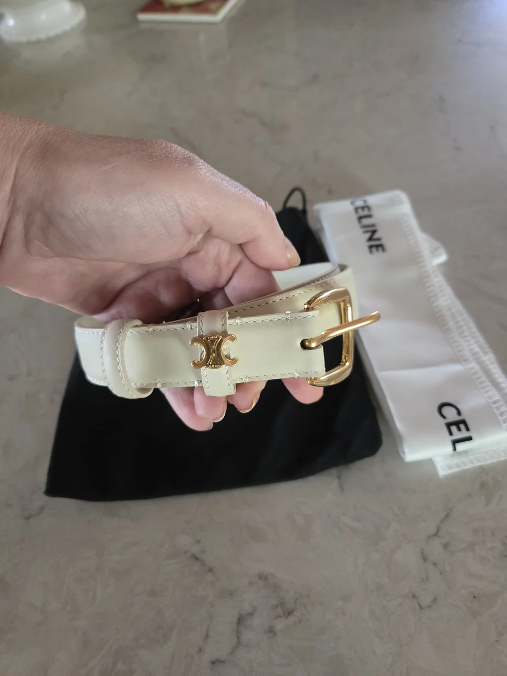 Celine Cream Leather Logo Buckle Belt - Gold Hardware